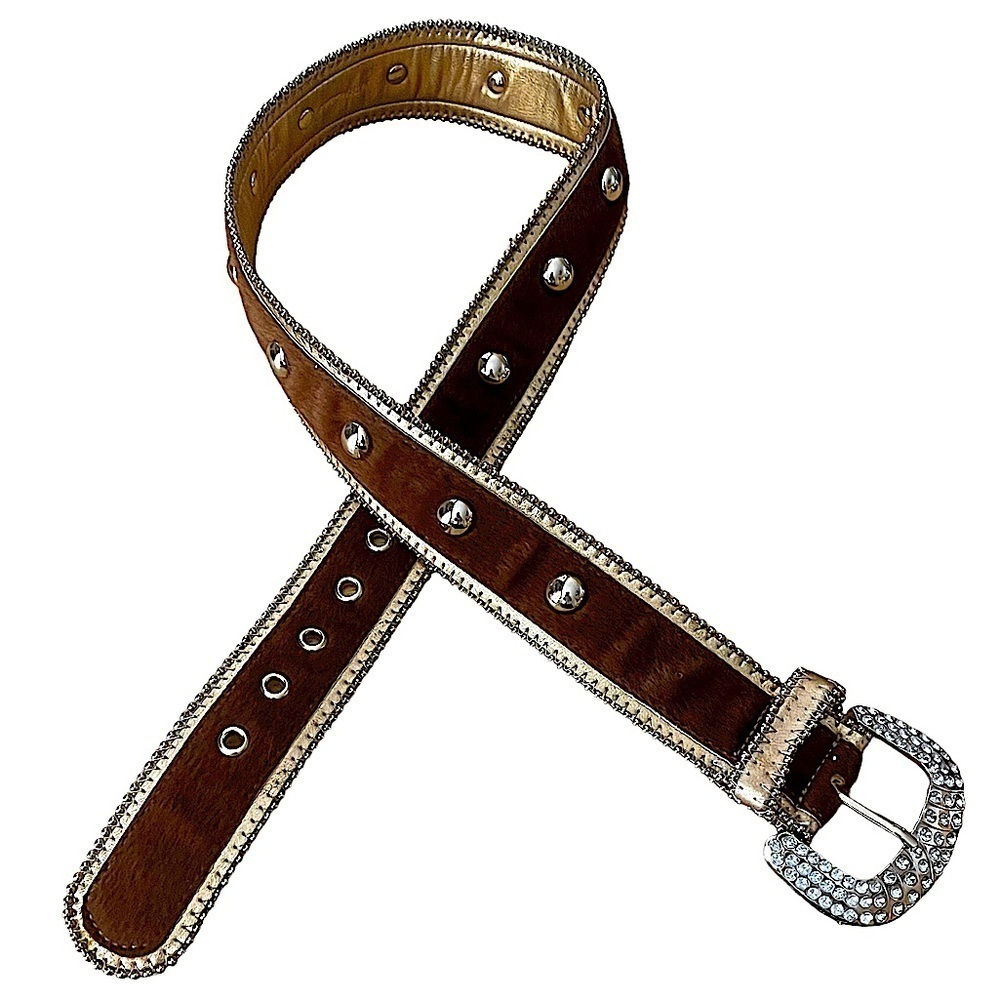 Kathy Van Zeeland Gold Leather & Warm Brown Calf Hair Belt Statement Buckle M